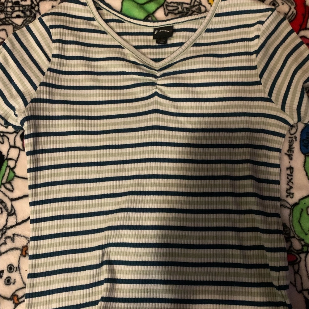 art class green and blue white striped ribbed crop top coquette cute shirt